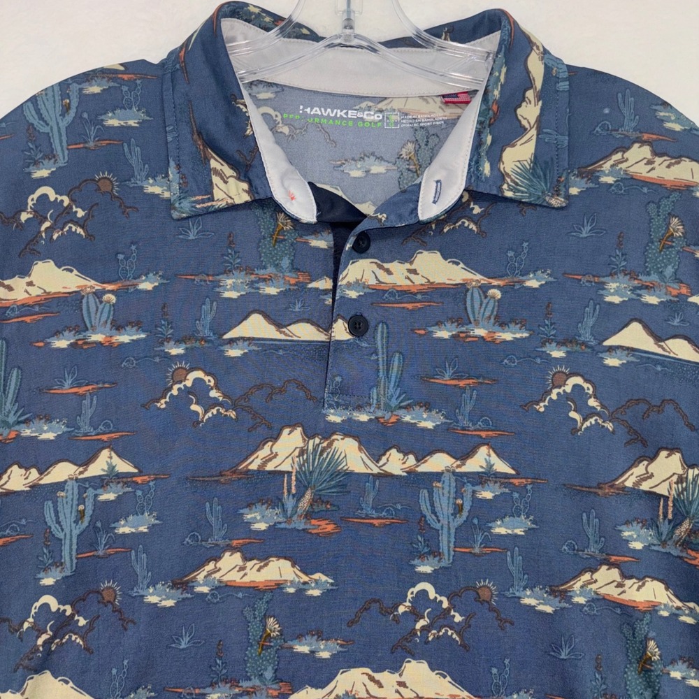 Hawke & Co Mens Performance Golf Polo Shirt Blue Desert Cactus Print HSW3143 L